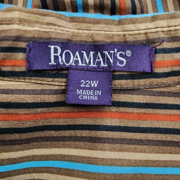 Roamans Womens Shirt Size 22W Brown Multi Striped Long Sleeve Button Up Cotton - Picture 7 of 9